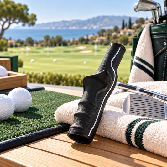 Golf grip training aid at a coastal practice range