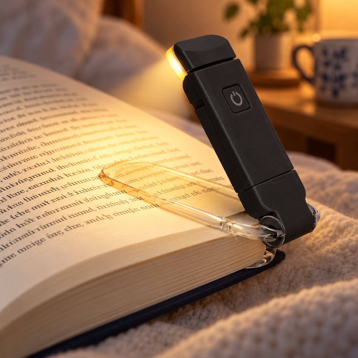 Black reading light clamped around the edge of an open book