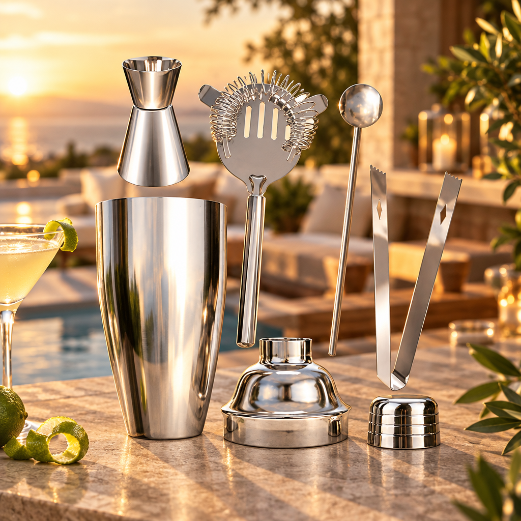 5-Piece Stainless Cocktail Shaker Set lifestyle image for LeisureNest Clubhouse