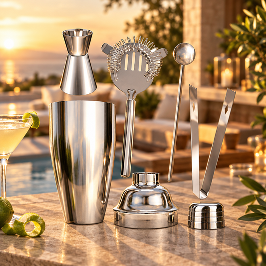 5-Piece Stainless Cocktail Shaker Set lifestyle image for LeisureNest Clubhouse