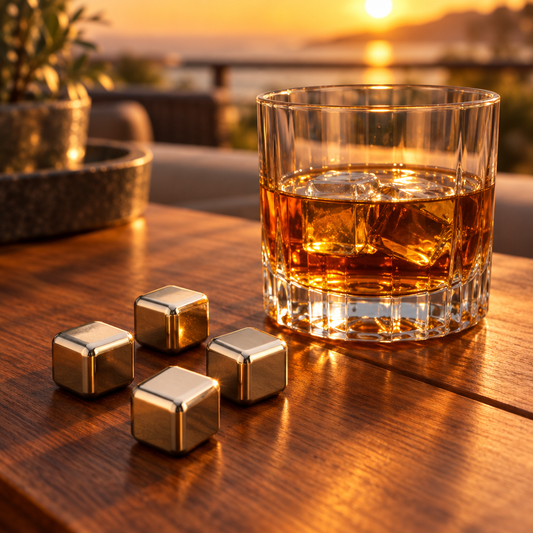 Stainless Steel Whiskey Chilling Stones – 4 Pack lifestyle image for LeisureNest Clubhouse