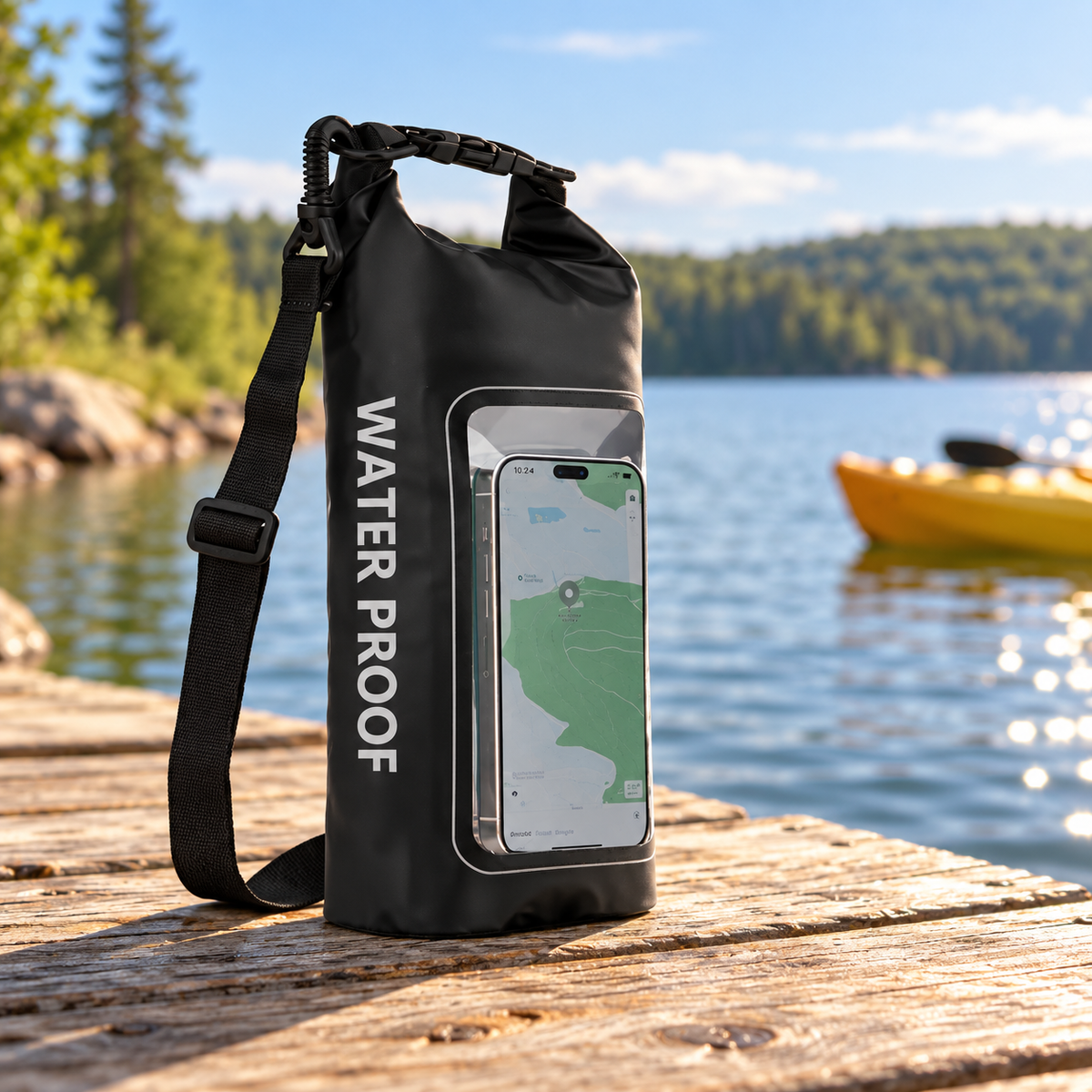Black dry bag with integrated phone window on a lakeside dock
