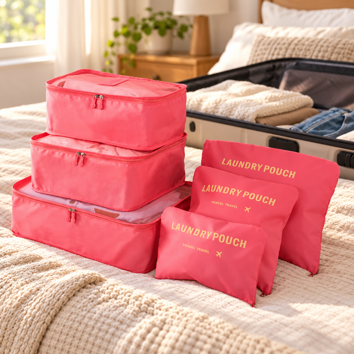 Six pink packing organizers beside a suitcase