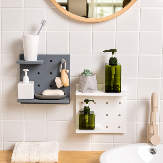 Gray and white pegboards holding bathroom essentials