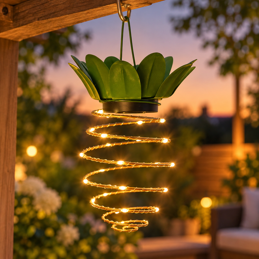Pineapple lantern hanging upright from a patio hook