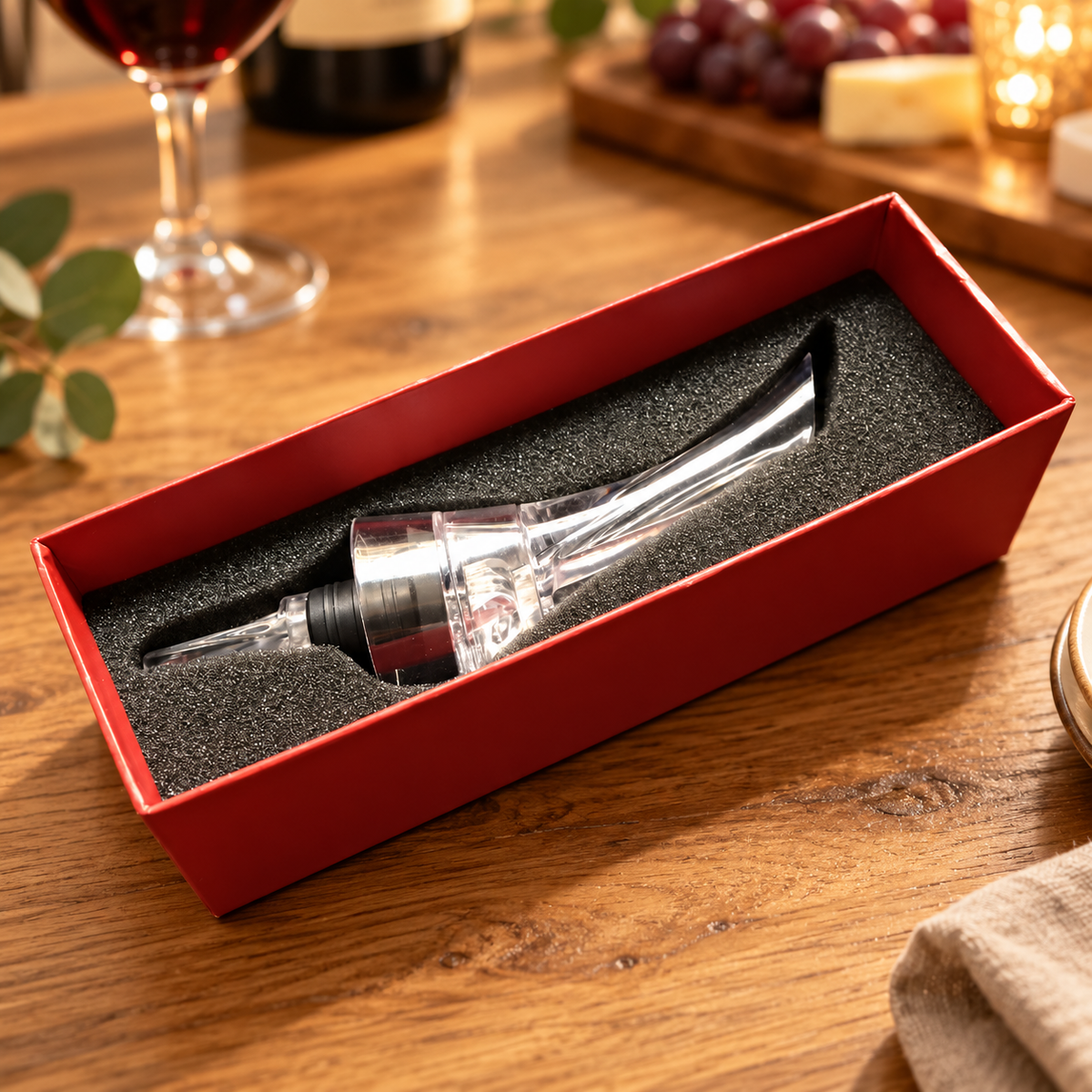 Wine aerator in its gift box on a dining table