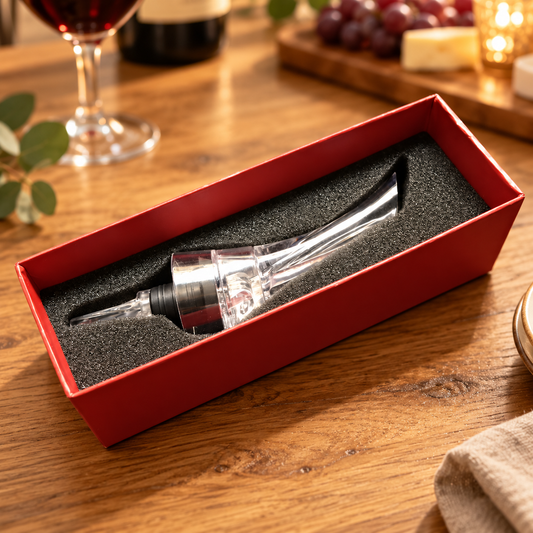 Wine aerator in its gift box on a dining table