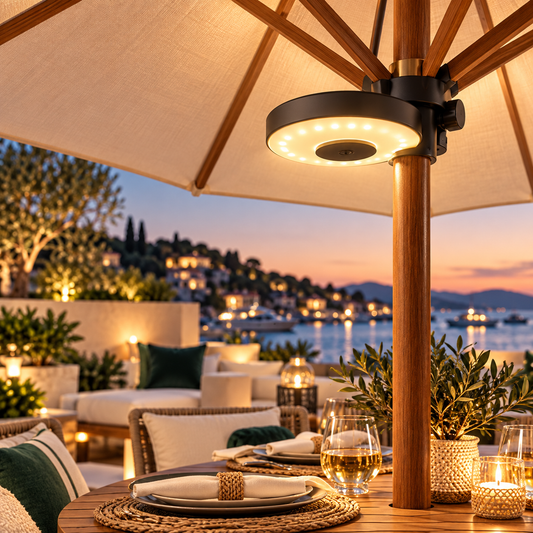 Patio umbrella LED light in a resort-style outdoor dining setting