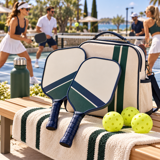 Pickleball paddle set at an upscale outdoor court
