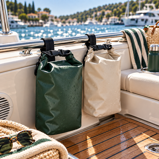 Portable boat trash bags mounted on a yacht rail
